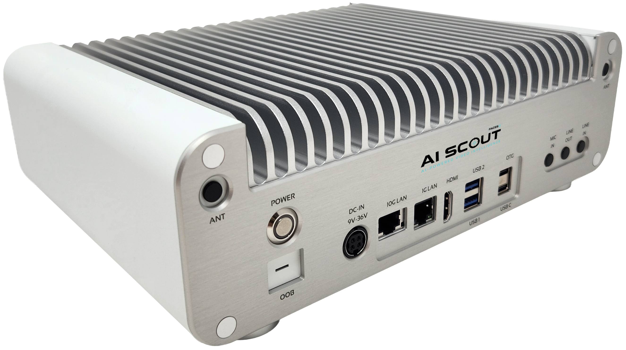 FACES2 AI Scout desktop unit &mdash; fanless edge-AI appliance showing rear I/O panel (power, 9&ndash;36V DC in, 10G/1G LAN, HDMI, USB, USB-C, audio, dual antenna)