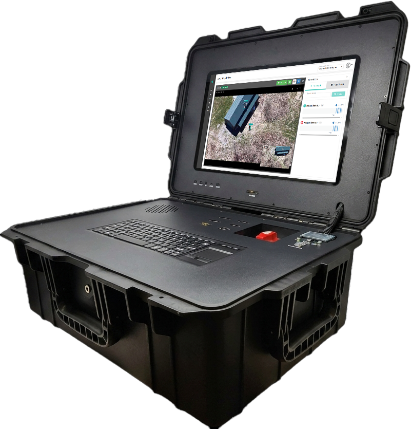 FACES2 AI Scout F2-710 rugged case running a live drone feed with AI detection overlays