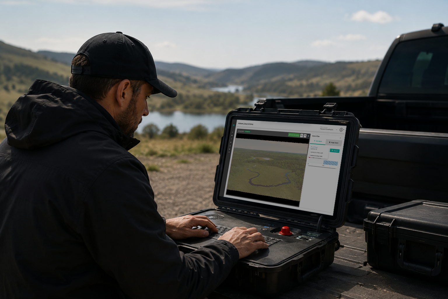 Operator running FACES2 AI Scout from a vehicle tailgate in a remote field location